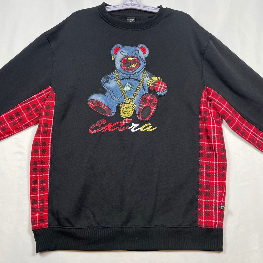 Screenshot Teddy Bear Graphic Sweatshirt Plaid Accents Pullover Black 3XL
